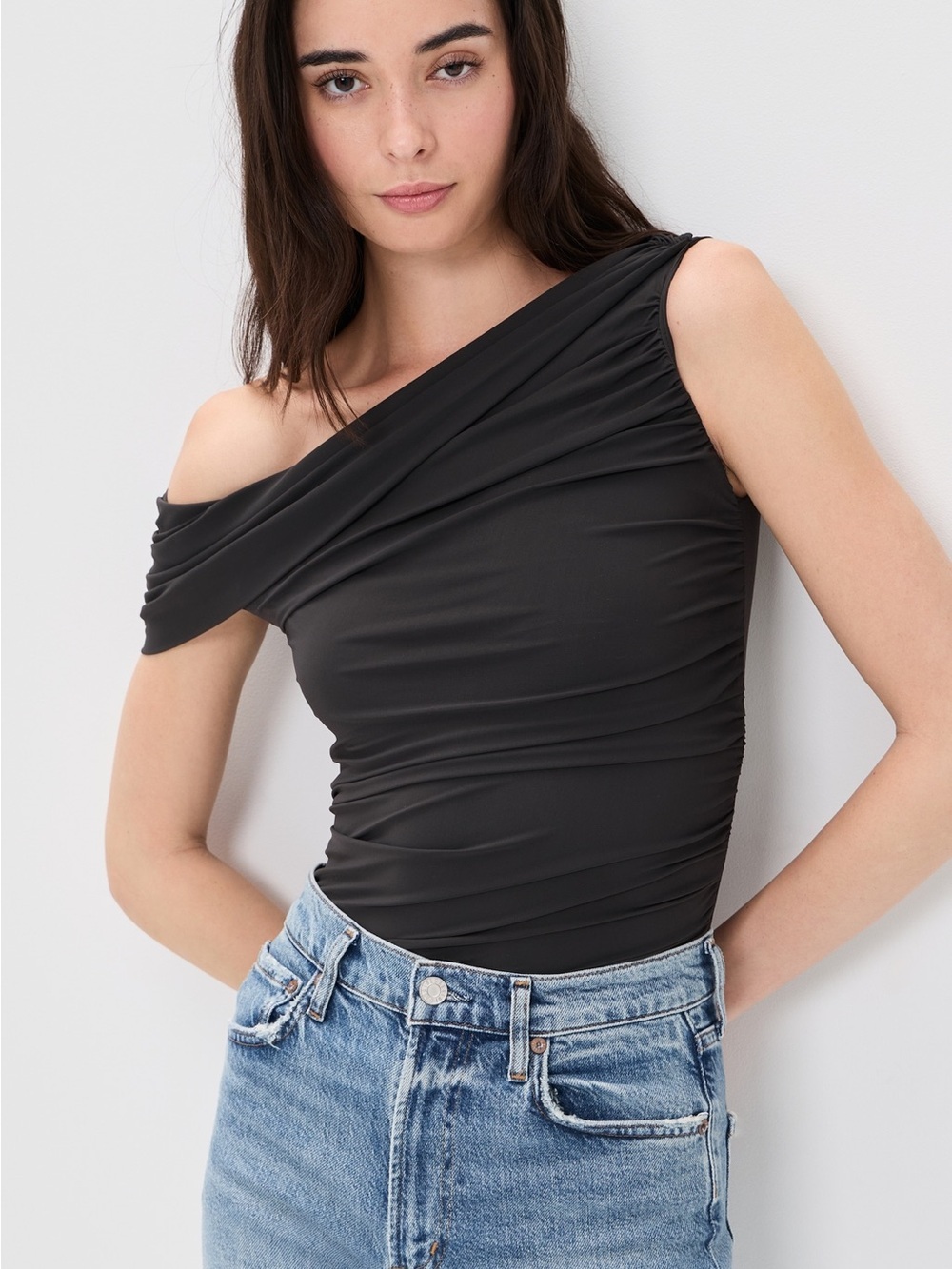 Agolde One-Shoulder Ruched Black Camisole